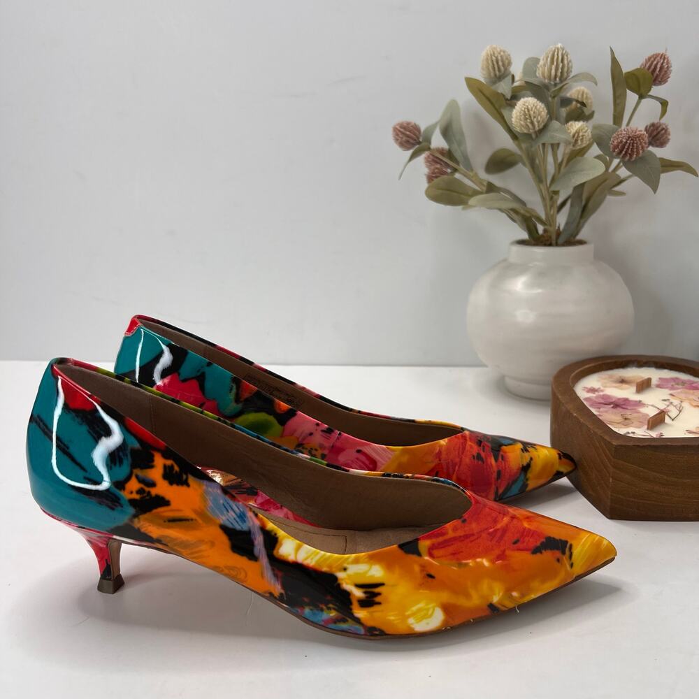 Vionic Multicolor Abstract Print Kitten Heel Pumps - Teal, Orange, Yellow, Red